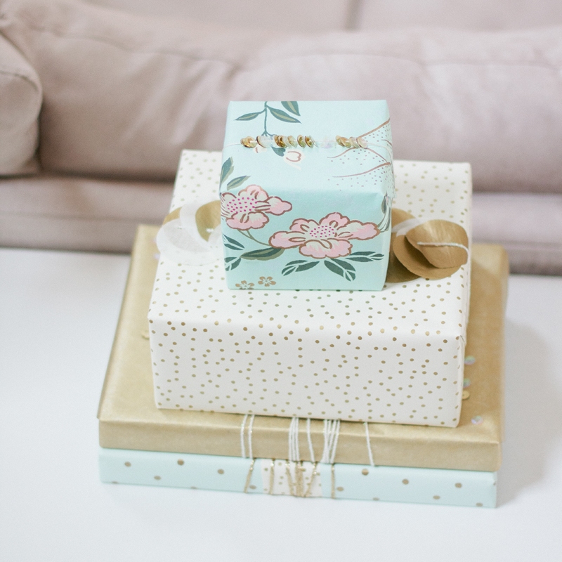 pastel blue + ivory + gold gift wrap // via Anastasia Marie